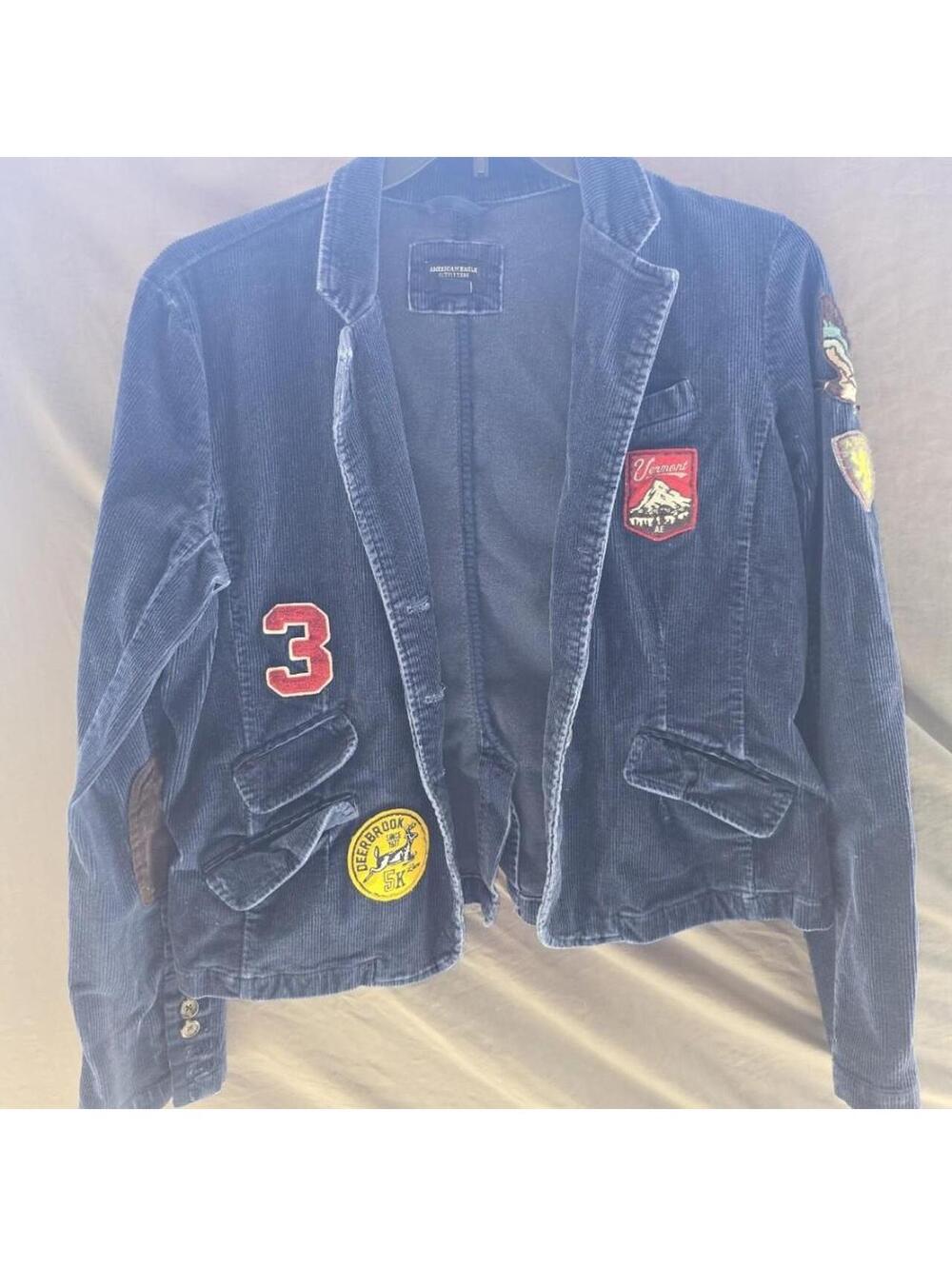 Vintage AE American Eagle Blue Stretch Corduroy Jacket Blazer w Patches 90s Y2K